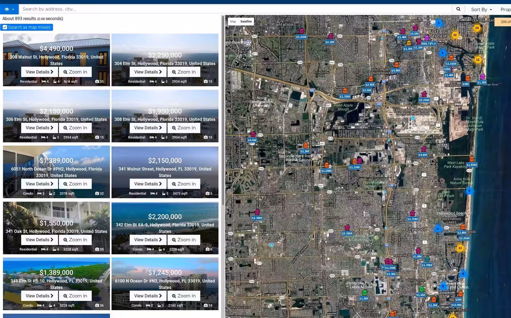 Image (click to enlarge) Image of an early version of our real-estate front-end showing the map with listing on it as well as large pictures in a list on the side.
